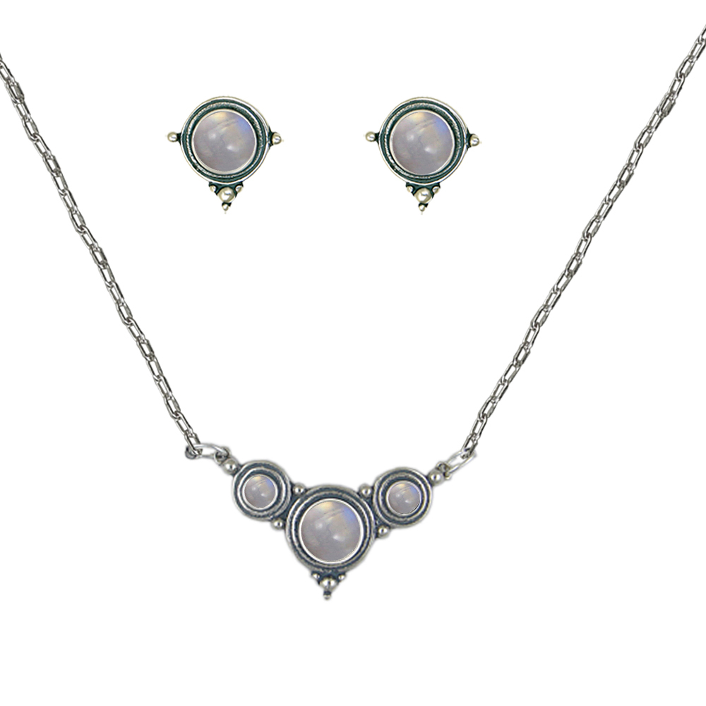 Sterling Silver Designer Necklace Earrings Set in Rainbow Moonstone